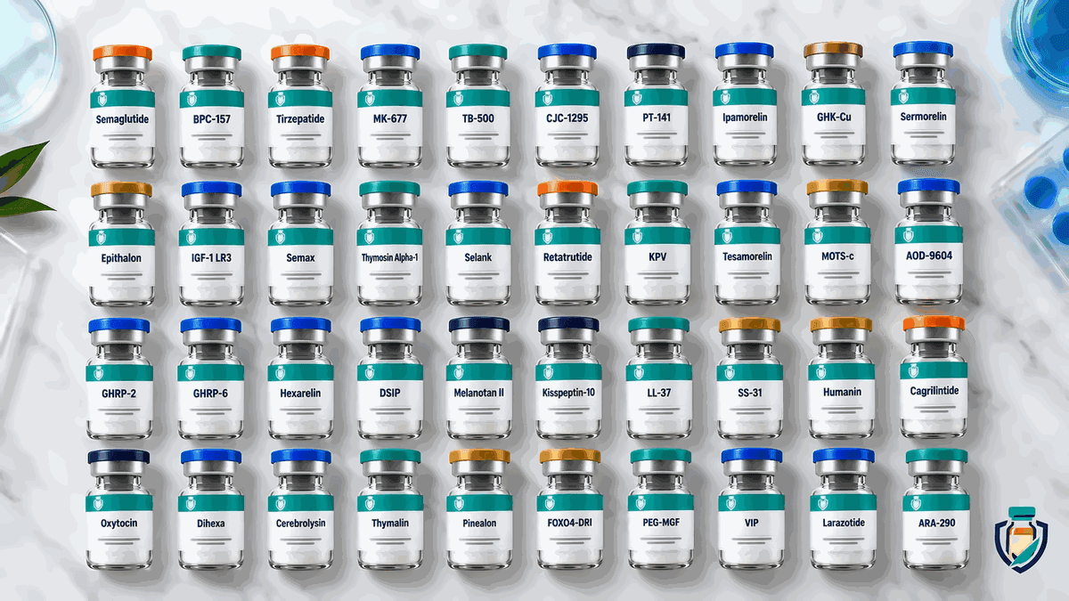 Peptide Stores Online research vial catalog: 40 compounds arranged on white marble